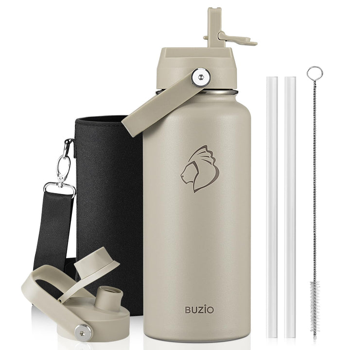 BUZIO 1L Edelstahl Trinkflasche isoliert mit Strohhalm &amp; Ausgussdeckel | Metall-Wasserflasche hält 4