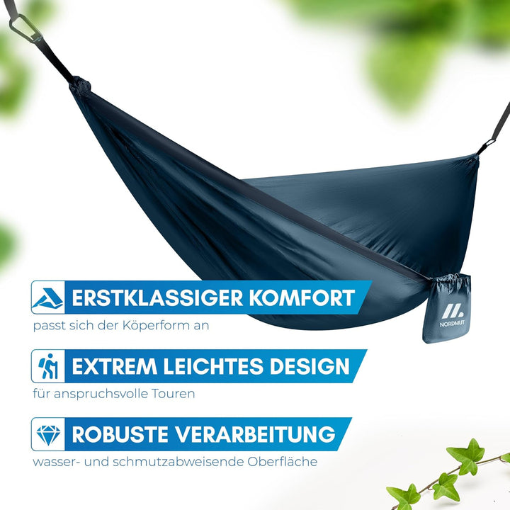 NORDMUT® Ultraleichte Hängematte Outdoor [mit Befestigungs-Set] Camping Hängematte inkl. Baumschutz-