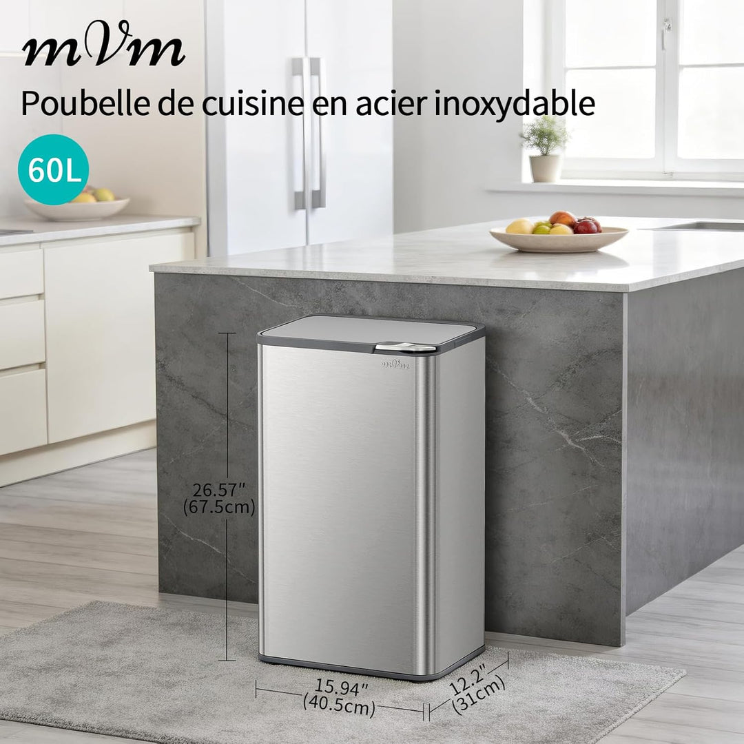 mVm Küchen & Büromülleimer 80L, Edelstahl, Rechteckig, Mit Deckel & Geruchsfilter, Sanftschliessend