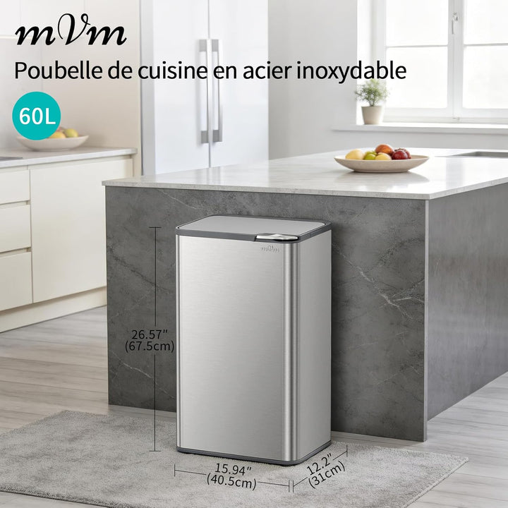 mVm Küchen & Büromülleimer 80L, Edelstahl, Rechteckig, Mit Deckel & Geruchsfilter, Sanftschliessend