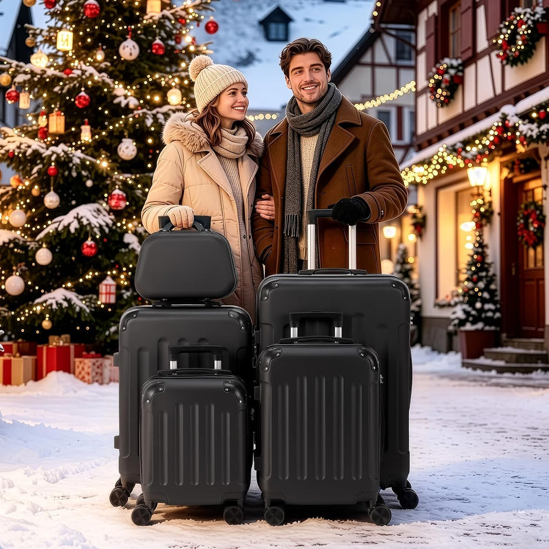 LEADZM Koffer Set 5 teilig Hartschale mit Kosmetikkoffer (Schwarz) | Kofferset mit verstärkten Ecken