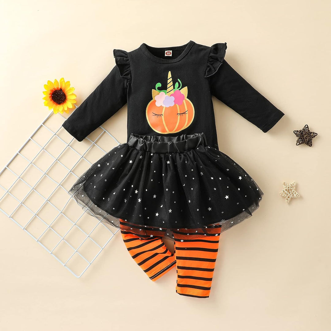 Verve Jelly Baby Mädchen Halloween Kleidung Rüschen Langarm Kürbis Tops Tüll Tutu Rock Gestreifte La