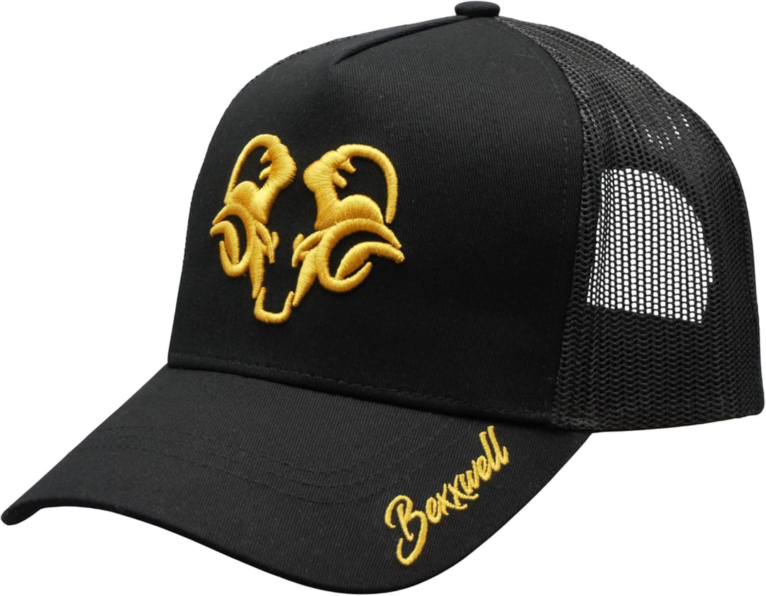 Bexxwell Trucker Cap schwarz/Gold mit 3D Logo-Stickerei (optimale Passform, Kappe, Black, Truckercap