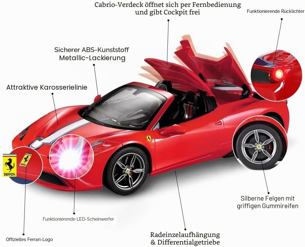 Rastar Ferrari ferngesteuertes Auto, 1 : 14 Ferrari 458, Special A, rotes Spielzeugauto – Cabrio, au
