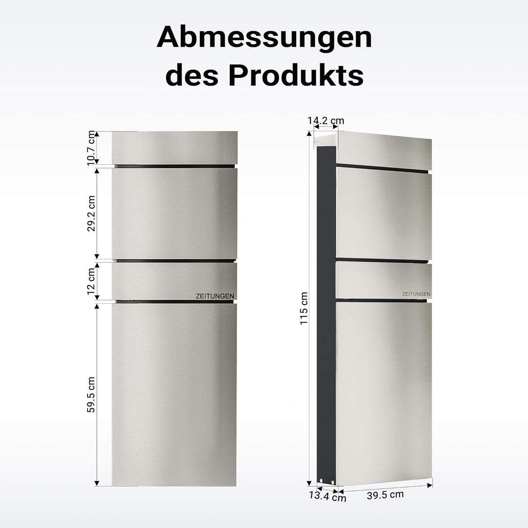 Wiltec Standbriefkasten mit Zeitungsrolle in Silberfarben 395 x 142 x 1150 mm aus Stahl, Briefkasten
