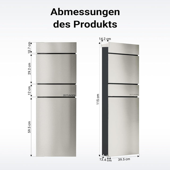 Wiltec Standbriefkasten mit Zeitungsrolle in Silberfarben 395 x 142 x 1150 mm aus Stahl, Briefkasten