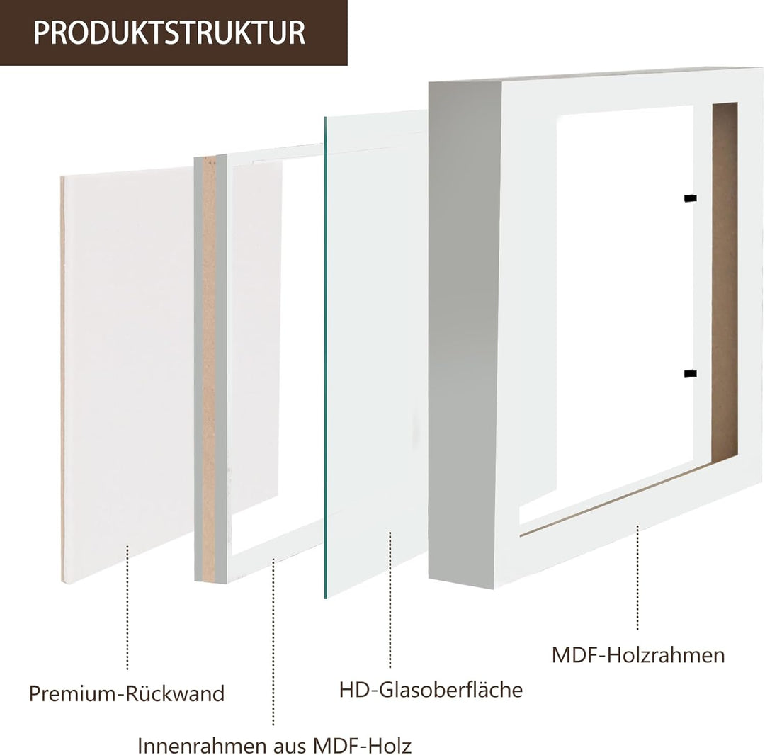Muzilife 3D Bilderrahmen zum Befüllen mit Glasscheibe, 32x32 cm-Tiefer Holz Rahmen Weiss, Objektrahm