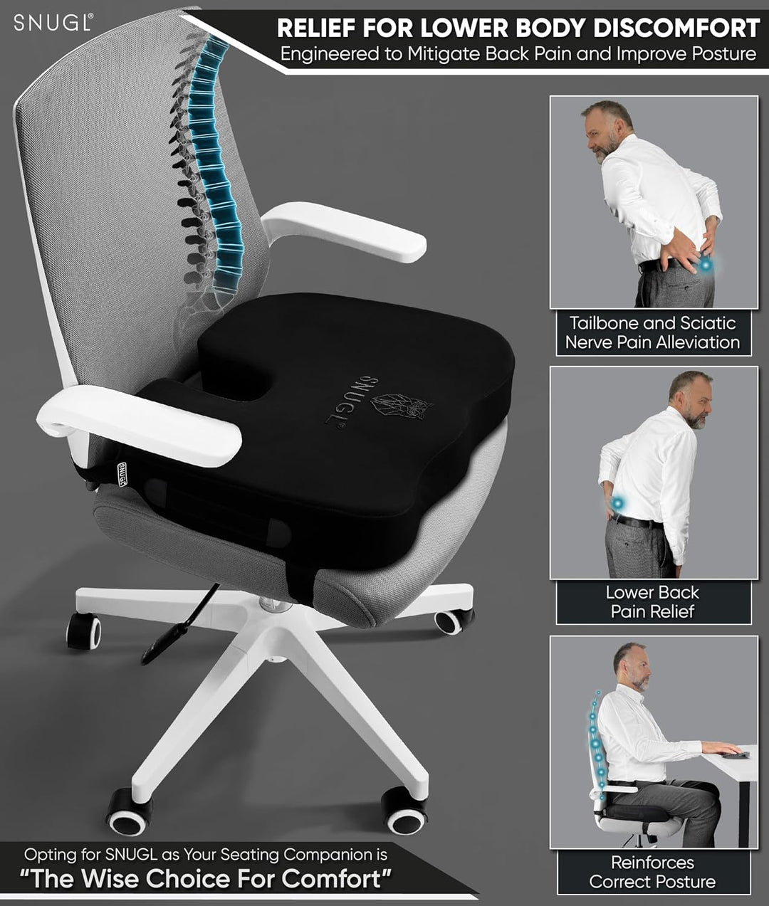 SNUGL Sitzkissen orthopädisch Memory Foam Steissbeinkissen | Stuhlkissen gegen Rückenschmerzen | Erg