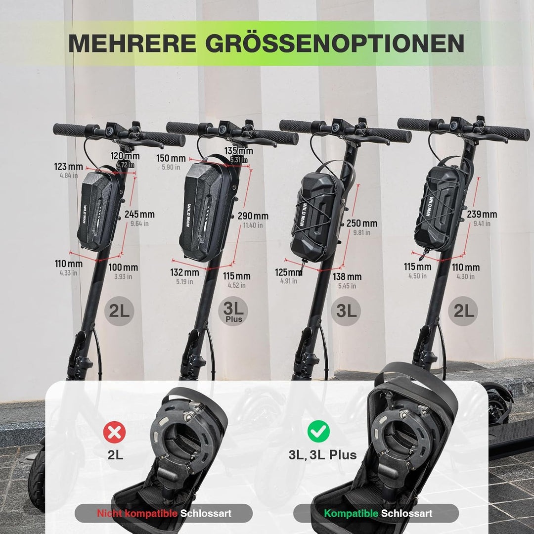 2/3L E Scooter Tasche wasserdichte - Lenkertasche für Elektroroller mit Schnellspanner Gestell - Vor