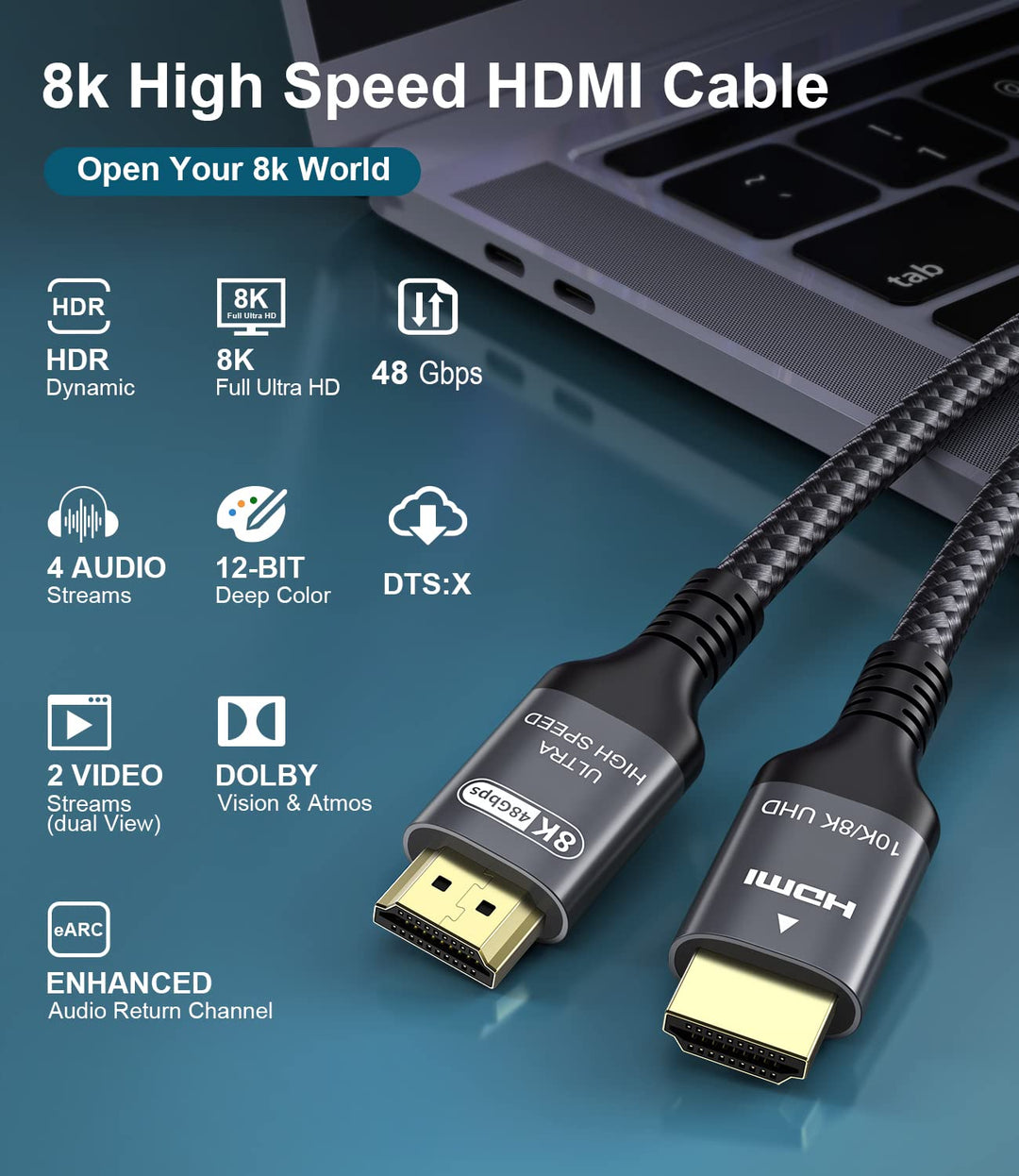 Zertifiziertes 10K 8K HDMI 2.1 Kabel 2.5M, 48Gbps Ultra High Speed HDMI® Kabel Ethernet CEC 4K 240Hz