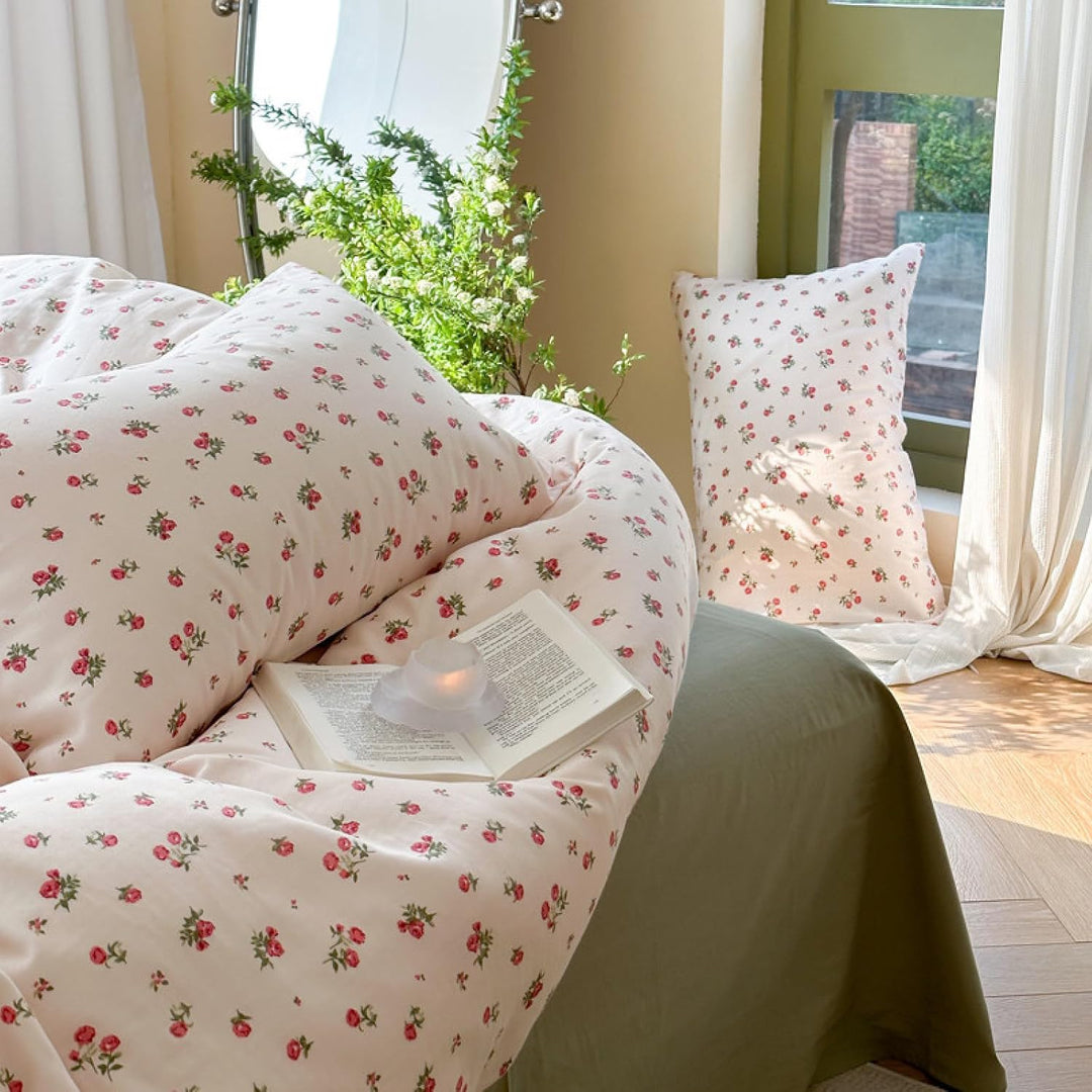 Freyamy Blumen Bettwäsche 135x200cm 2teilig Beige Rot Grün Floral Mädchen Wende Bettwaren-Sets Blume