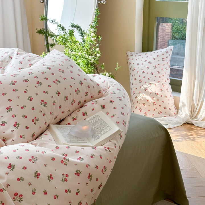Freyamy Blumen Bettwäsche 135x200cm 2teilig Beige Rot Grün Floral Mädchen Wende Bettwaren-Sets Blume