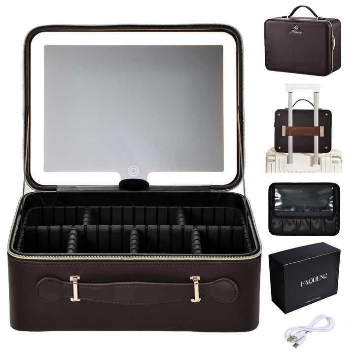 Leder-Kosmetiktasche mit LED-beleuchtetem Spiegel Reise-Kosmetikkoffer Einstellbare Helligkeit in 3