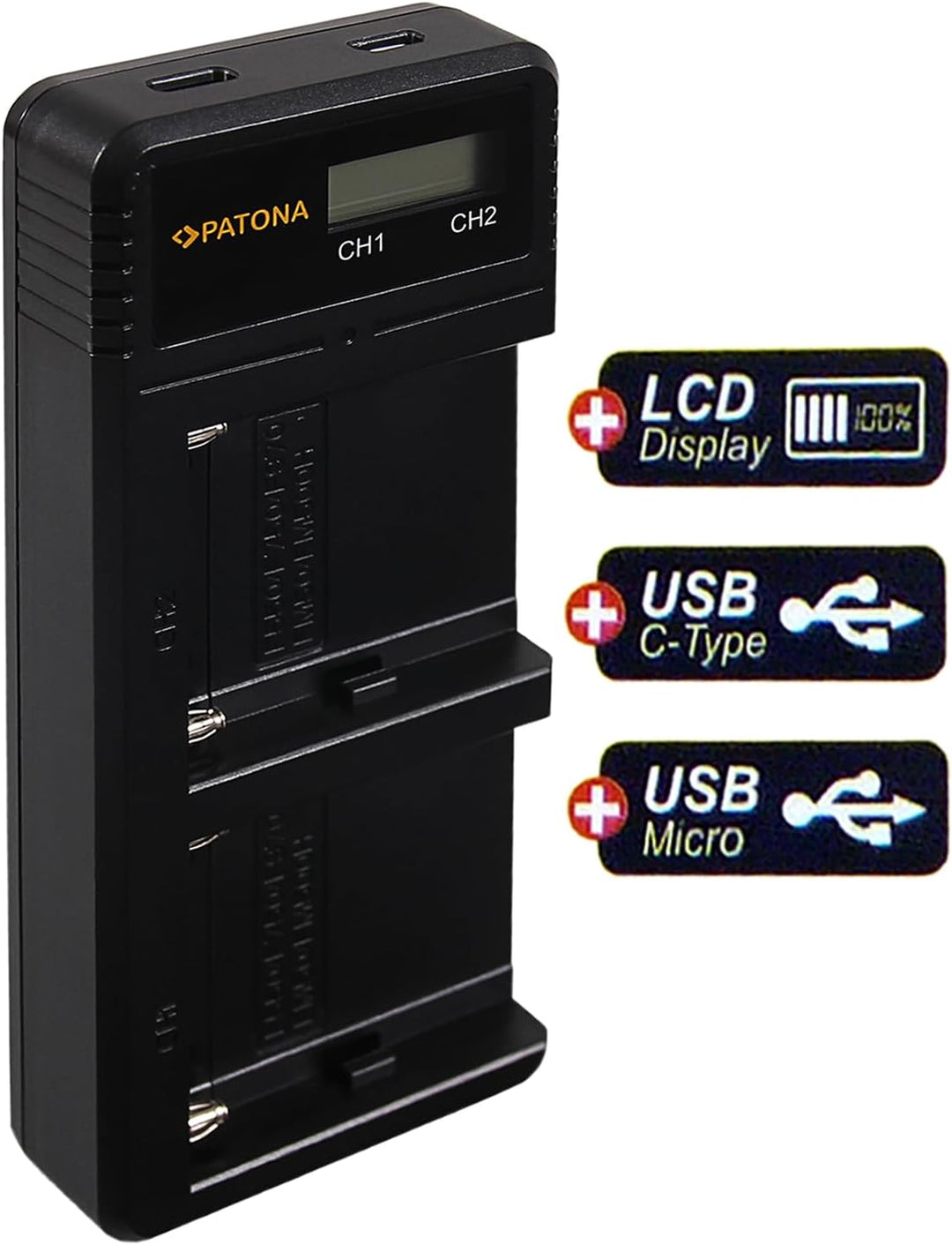 PATONA 2X NP-F970 Akku mit Dual LCD Ladegerät Kompatibel mit Sony NP-F960 NP-F950