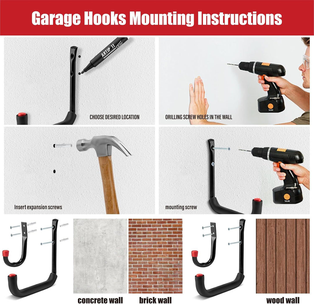 Sinoer Garage -Haken, 12pcs Wandmontage Garage Storage Hooks, für Gartenwerkzeuge, Leitern, Fahrräde