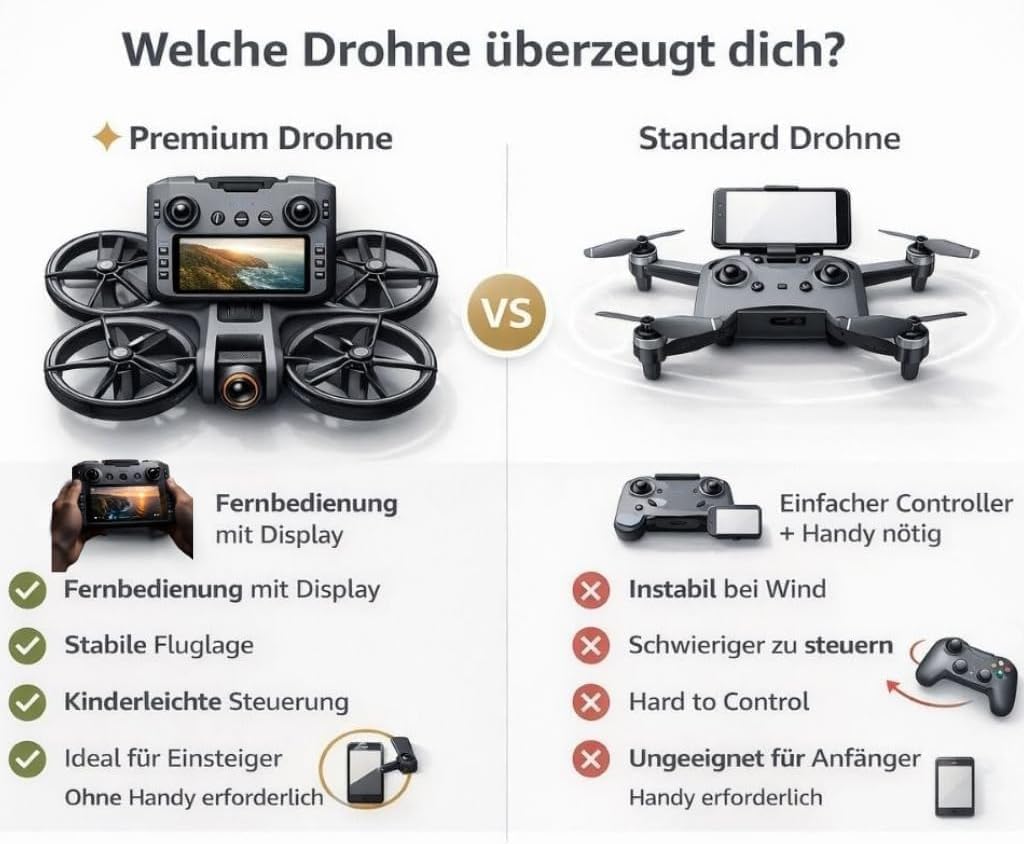 RC Drohne mit HD Dual Kamera, Display Fernbedienung, Brushless Motor, 90° Kamera, FPV Livebild, Opti