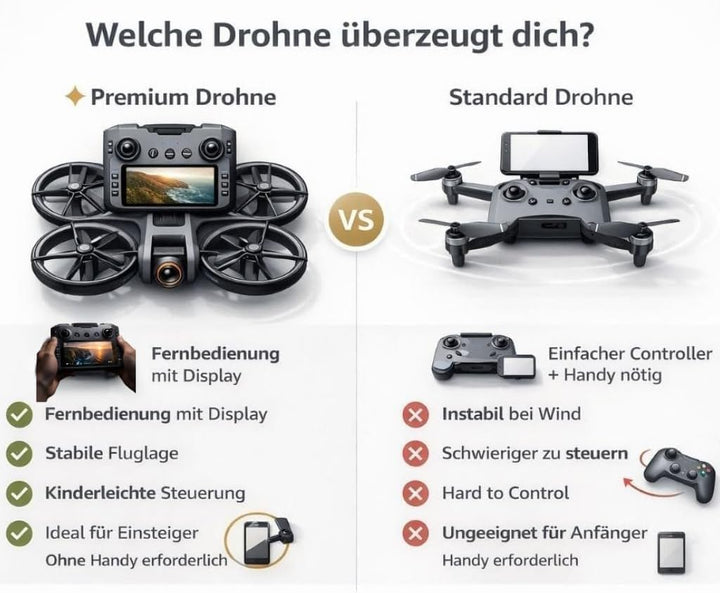 RC Drohne mit HD Dual Kamera, Display Fernbedienung, Brushless Motor, 90° Kamera, FPV Livebild, Opti