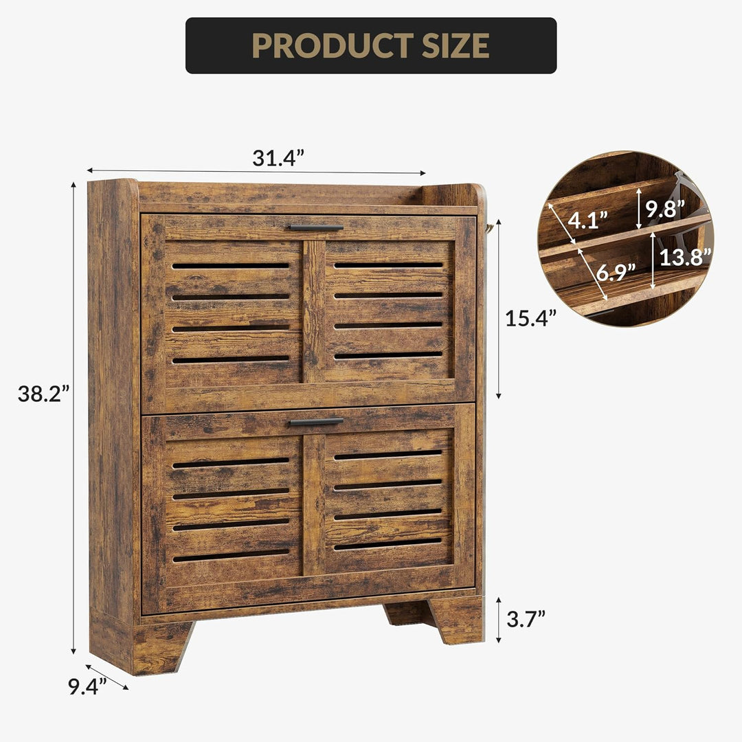 GarveeHome Schuhschrank, Schuhkommode, Schuhregal mit 2 Klapptüren, lüftende Lamellenfront & Haken,