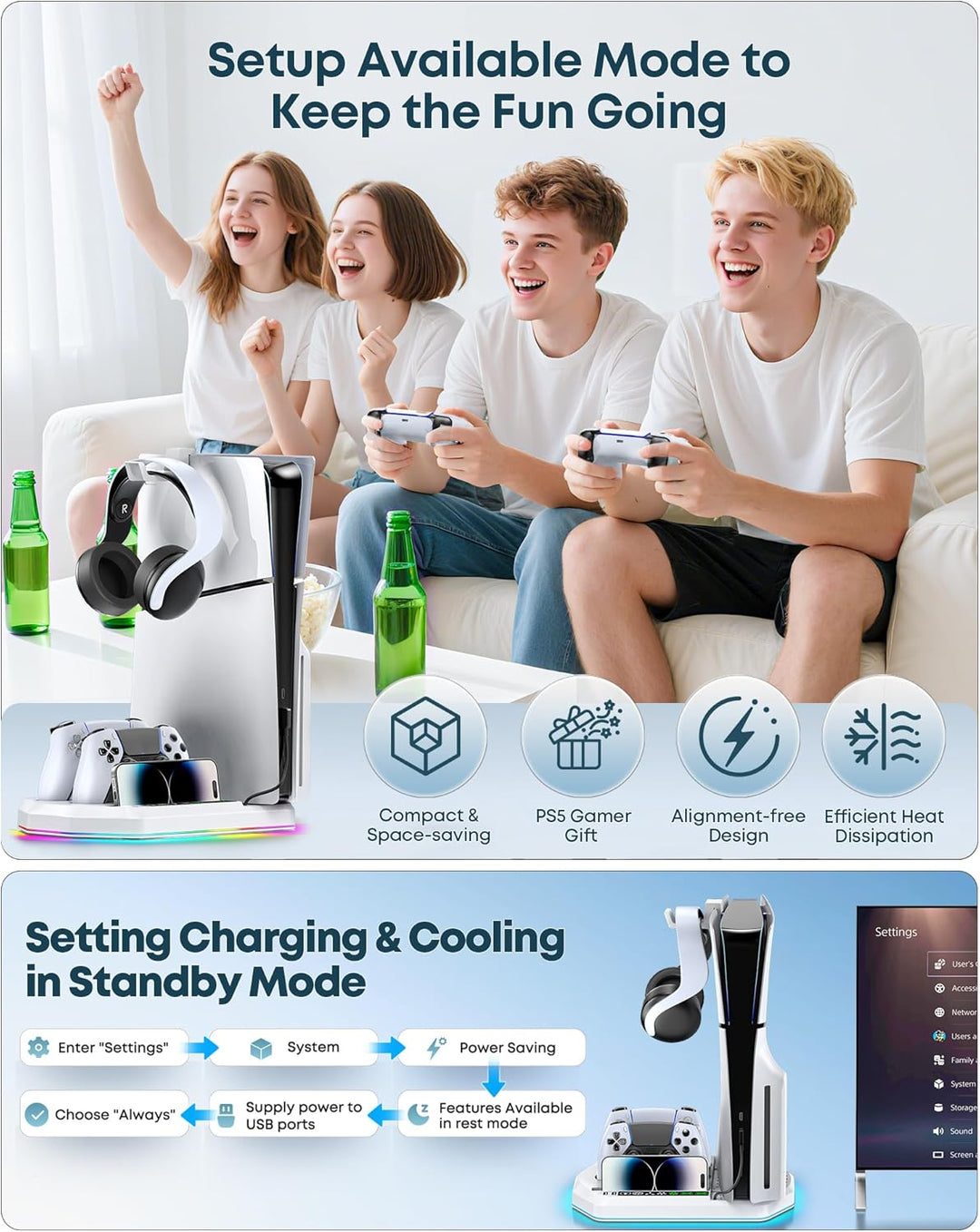 PS5 Standfuss mit 3 Stufen Lüfter und PS5 Controller Ladestation für PS5/PS5 Slim Konsole, PS5 Ständ