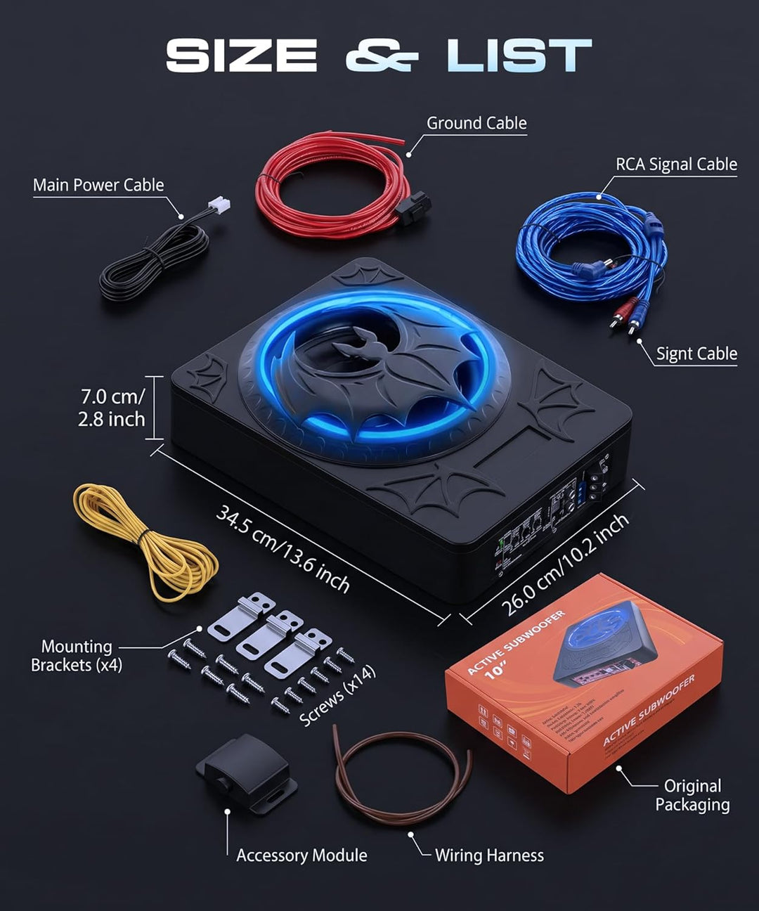 VECHTEL Ultra Flacher Auto Subwoofer 7cm Untersitz, Aktiver Subwoofer 1200W Spitzenleistung mit 360°