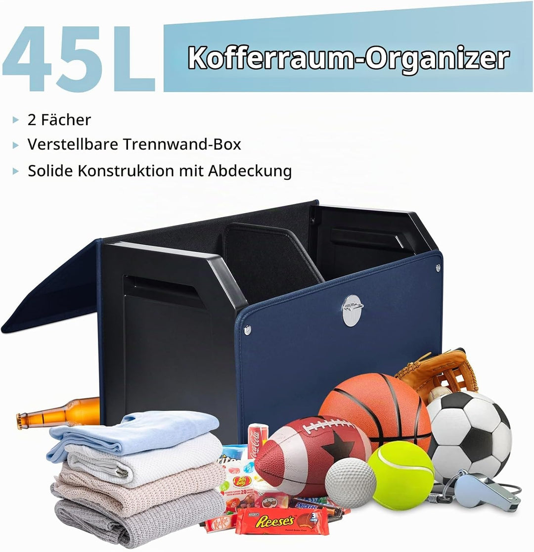 Auto Kofferraum Organizer, Zusammenklappbarer Leder Kofferraumtasche mit Deckel und Stabilem Griff A