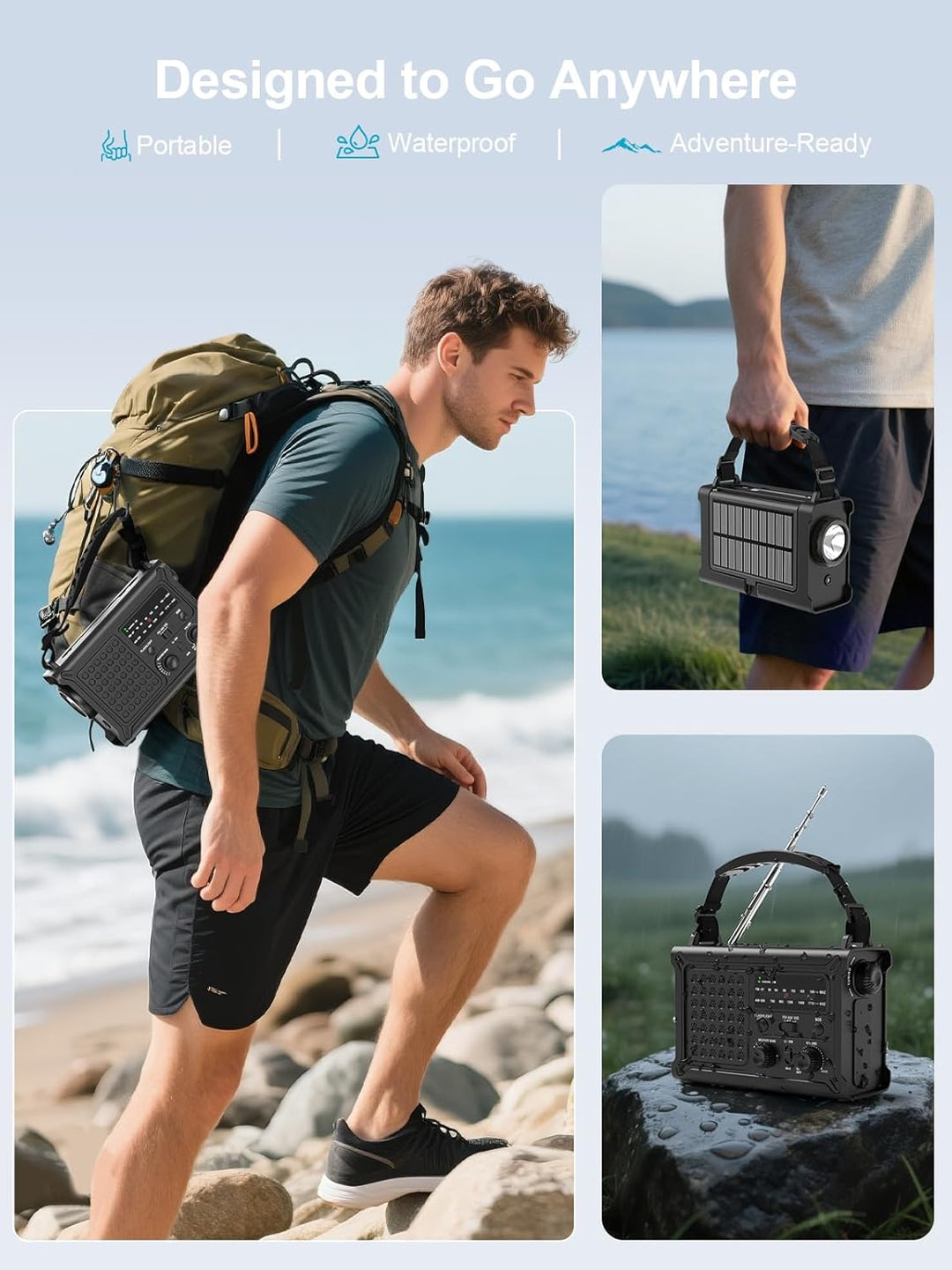 ROCAM 12000mAh Notfallradio, Kurbelradio mit 8500mm² Solarpanel & 650mA Kurbel, Tragbares Solar Radi
