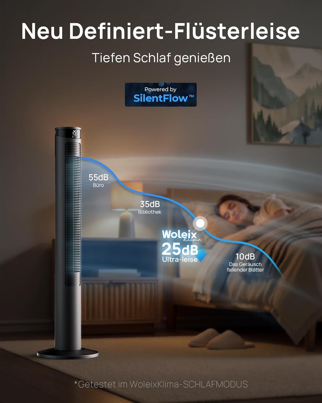 Ventilator sehr leise 25dB, Turmventilator sehr leise mit Fernbedienung, Standventilator sehr leise
