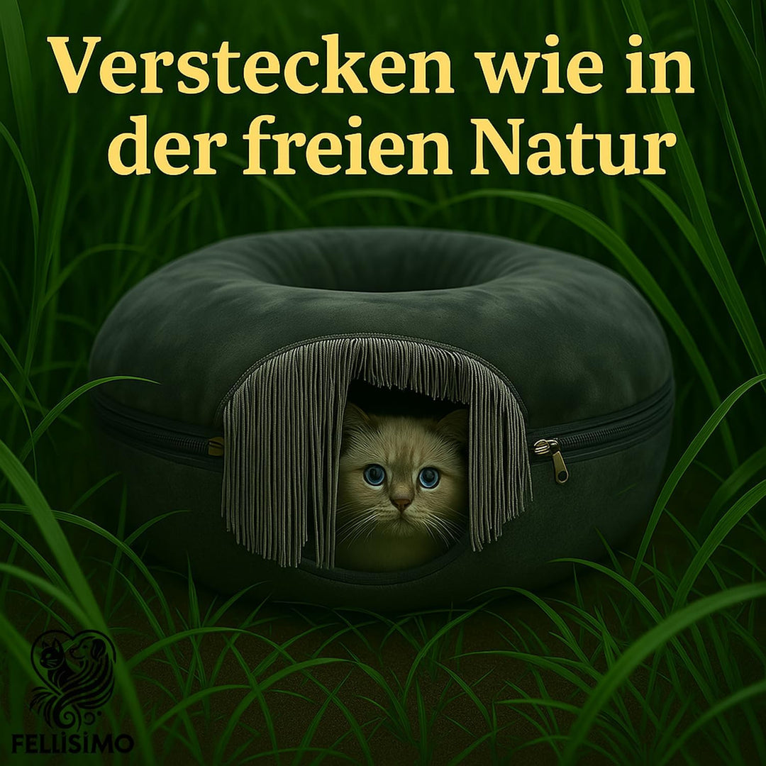 Katzenhöhle mit Flauschigen Kuschelbett | Anti-Slip Unterfläche | Atmungsaktiv | Katzentunnel aus Fi