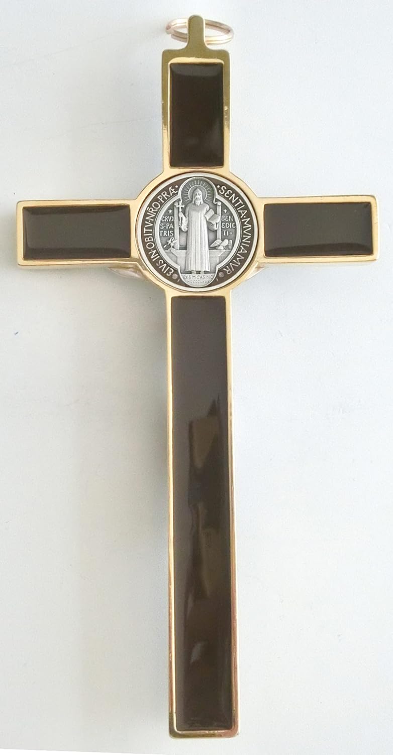 10.004.21 Brown Kreuz Gold Braun San Benedikt 20 cm emailliert mit Box Gift Saint Benedict Erstaunli