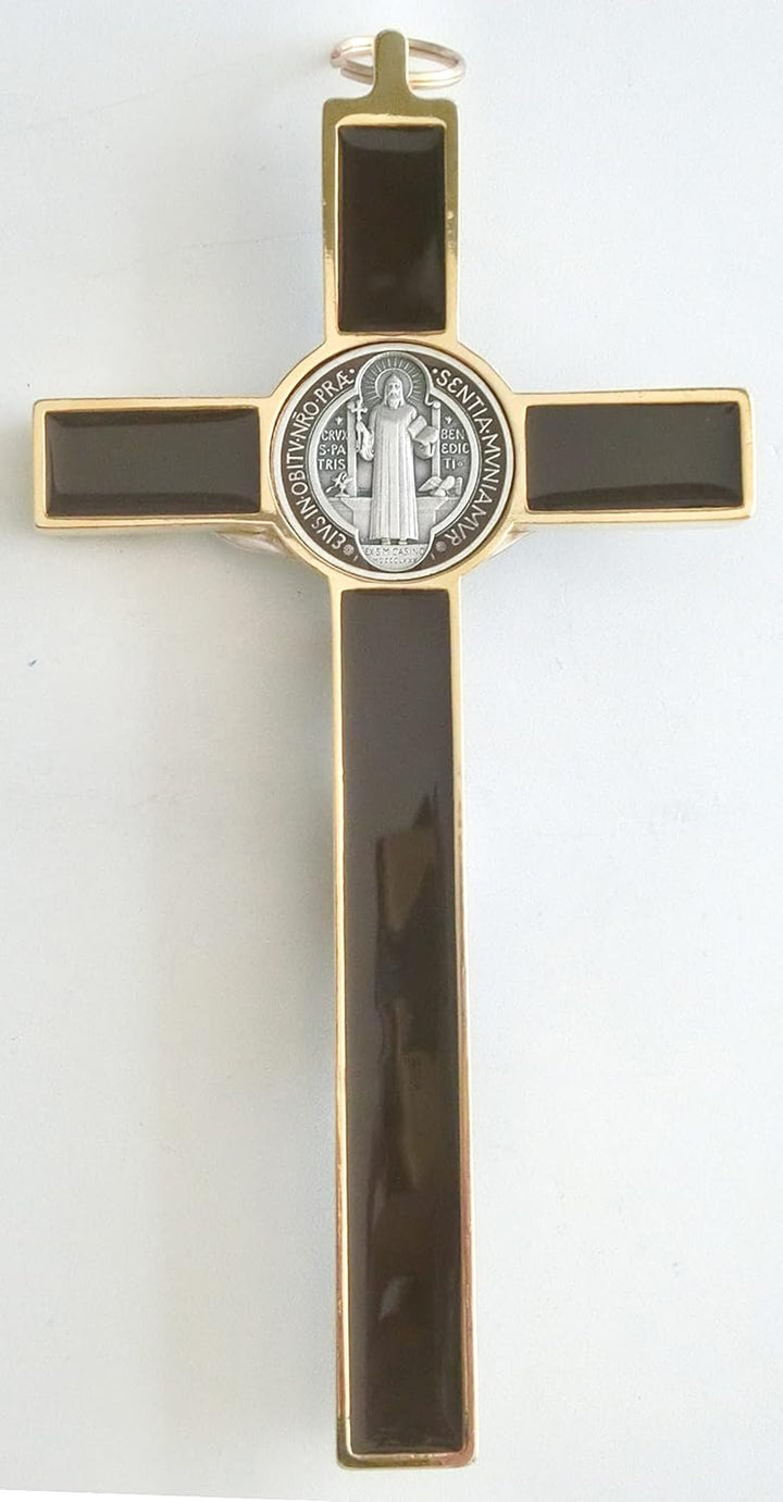 10.004.21 Brown Kreuz Gold Braun San Benedikt 20 cm emailliert mit Box Gift Saint Benedict Erstaunli