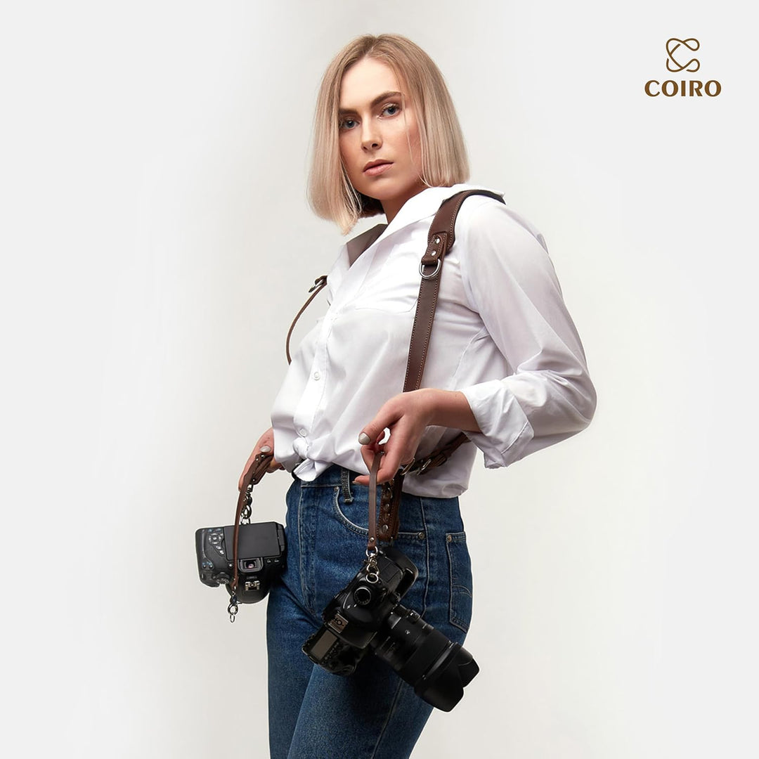 C Coiro Kamera-Zubehör Slim Dual Harness Zwei Kameras - Schulterriemen aus Leder, Braun, Einstellbar