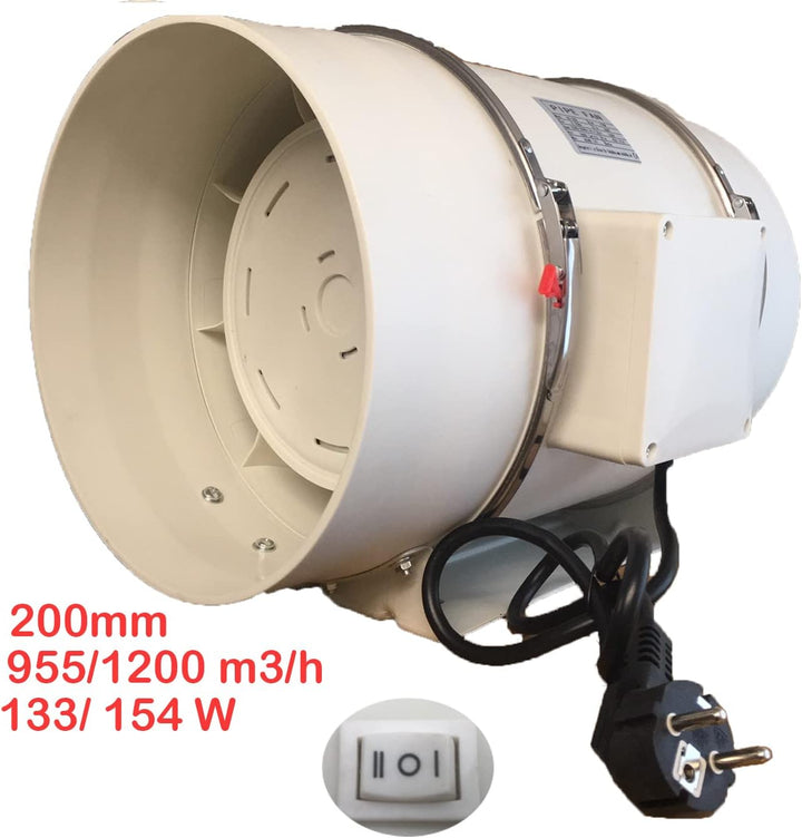 Rohrventilator Lüfter Badlüfter 200 mm - 2-stufig mit Schalter, Kugellager, Fuss & Kabel - IP44 Schu