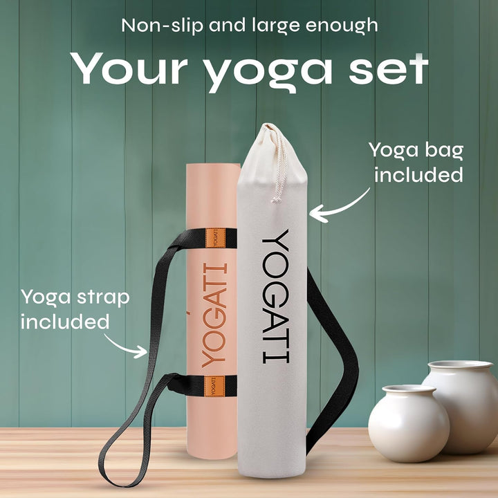 YOGATI® Yogamatte rutschfest Naturkautschuk mit Tasche - Yoga Matte gross mit Markierung, Sportmatte