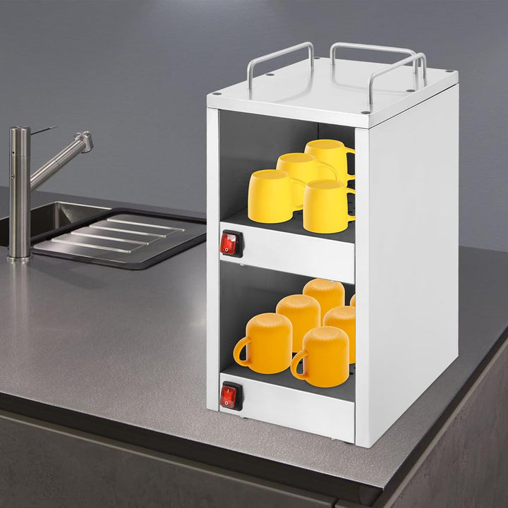 Elektrischer Tassenwärmeschrank aus Edelstahl, 140W Tassenwärmer Doppelfach Heizschrank mit 2 separa