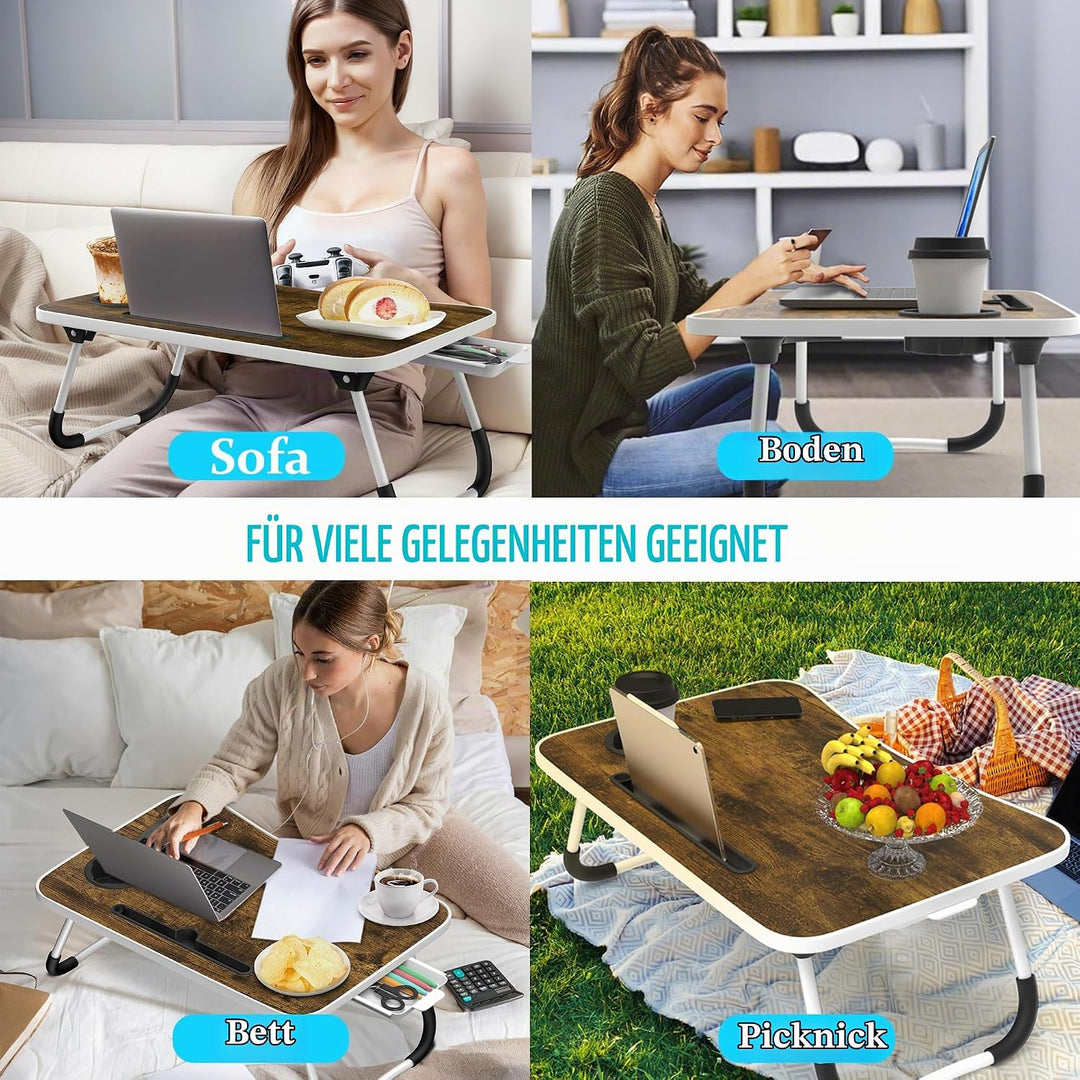 Soontrans Laptoptisch 60x40x28 cm, Laptop Tisch mit Schublade, Getränkehalter, Tablethalter, Klappba