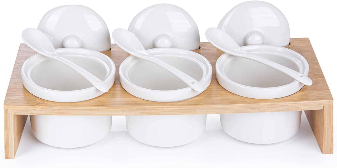 Dip-Schälchen Servierschalen Set aus Porzellan-Schalen mit Löffeln und Deckeln; 3 Schälchen im Servi
