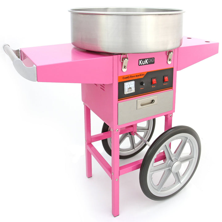 KuKoo Rosa Zuckerwattemaschine Zuckerwattegerät Zuckerwatte mit Wagen, Schubfach und 500 Holzstäbche