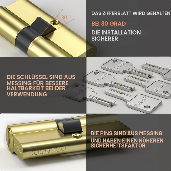 Bwintech 2 Stück 30/30mm Euro Messingzylinder, 60mm Schlüssel/Schlüsselzylinderschloss mit 10 horizo
