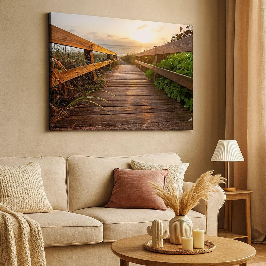 Bilder auf Leinwand 100x70cm Leinwandbild Fussgängerbrücke Meer Strand Ufer Gross Wanddeko Bild Schl
