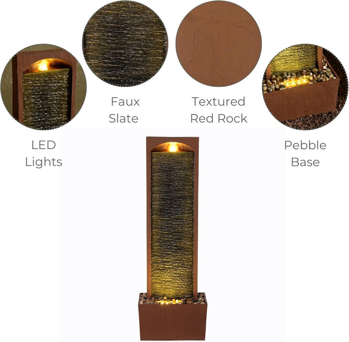 Teamson Home Moderner Outdoor Wasserfallbrunnen Rotstein mit LED Rot Gerade, Rot Gerade