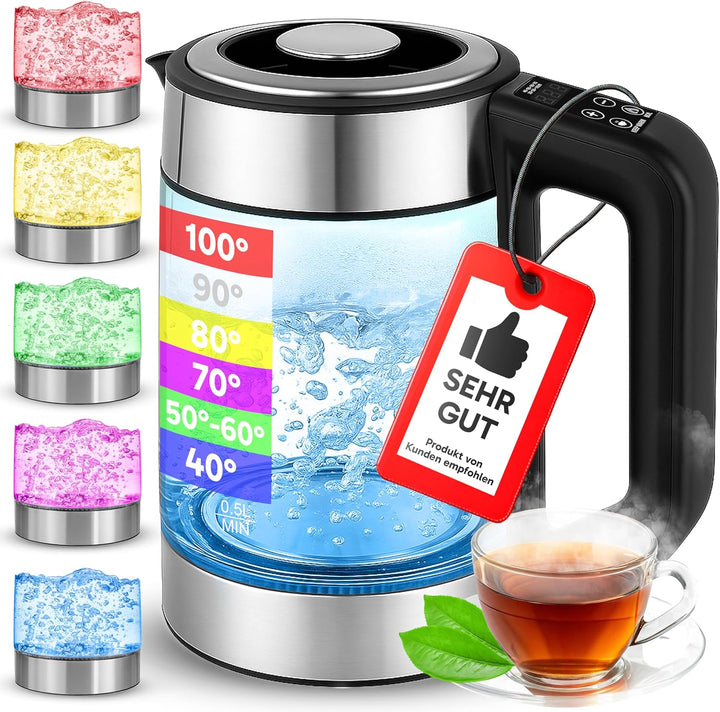 Retoo Elektrischer Glas Wasserkocher 1,7L, 2200W Schnellkochfunktion, Temperaturwahl 40–100°C, LED-B