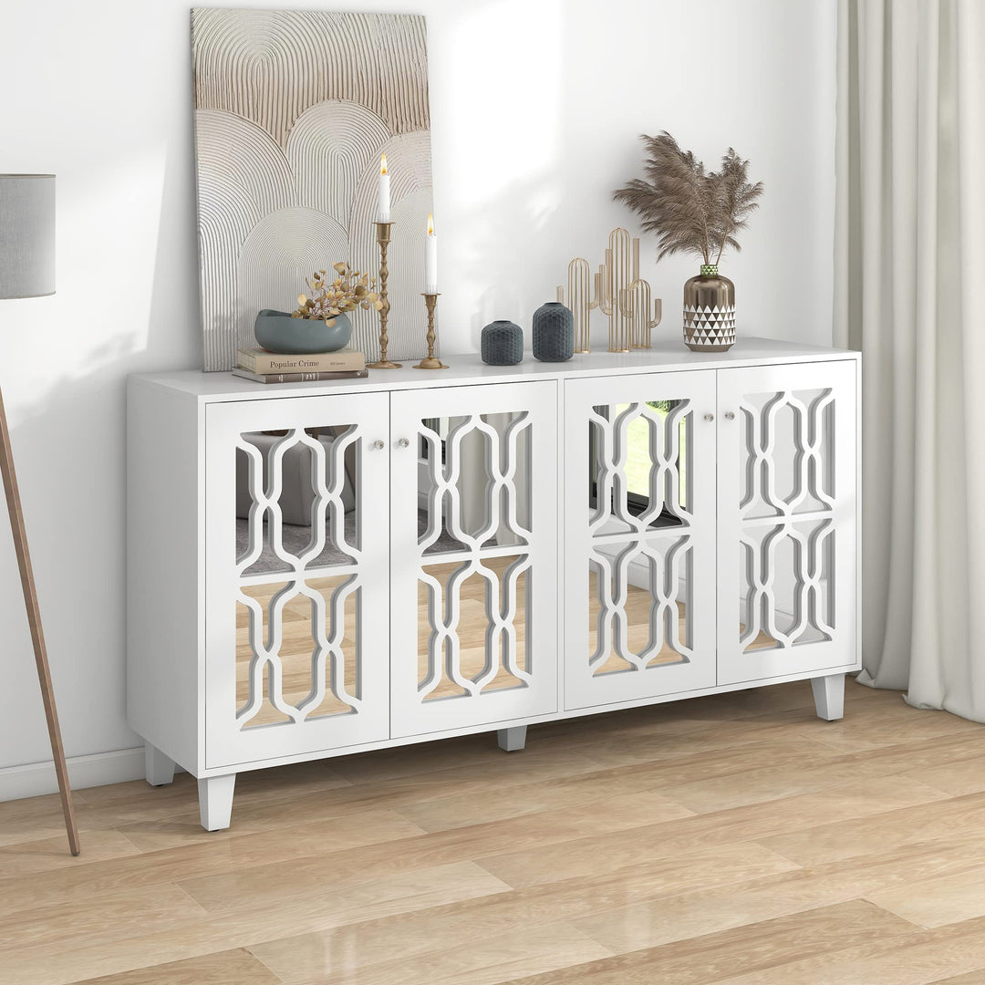 ModernLuxe - Weiss verspiegelte Sideboard mit Kristallgriffen, für Wohn- und Esszimmer (160 x 40 x 8