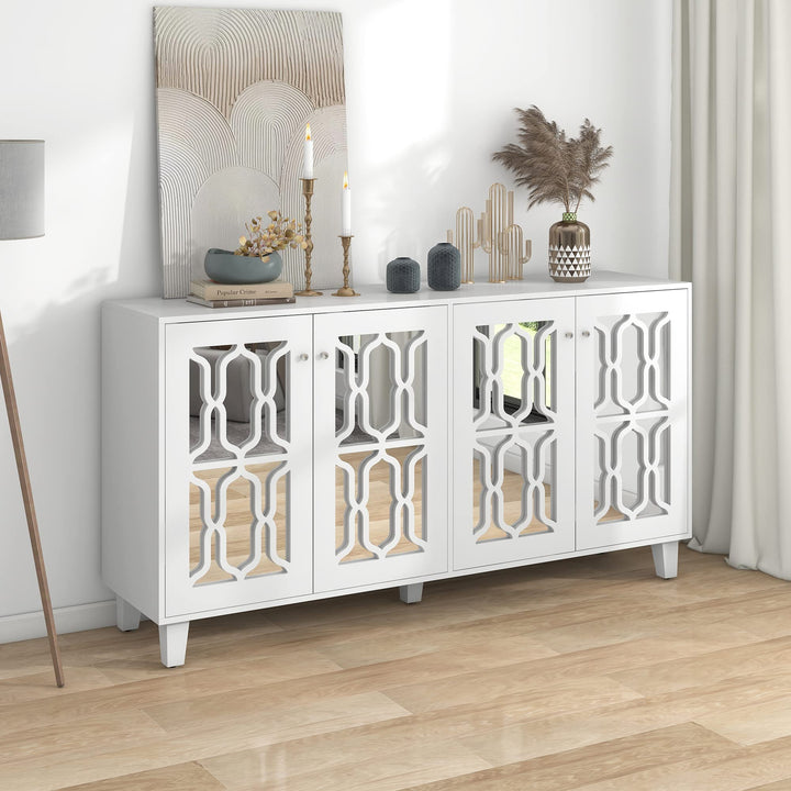 ModernLuxe - Weiss verspiegelte Sideboard mit Kristallgriffen, für Wohn- und Esszimmer (160 x 40 x 8