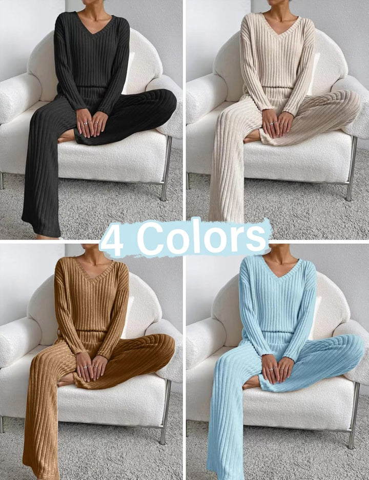 Schlafanzug Damen Lang Zweiteiler Nachtwäsche Warm Pyjama Set mit V-Ausschnitt Top und Hosen mit Tas