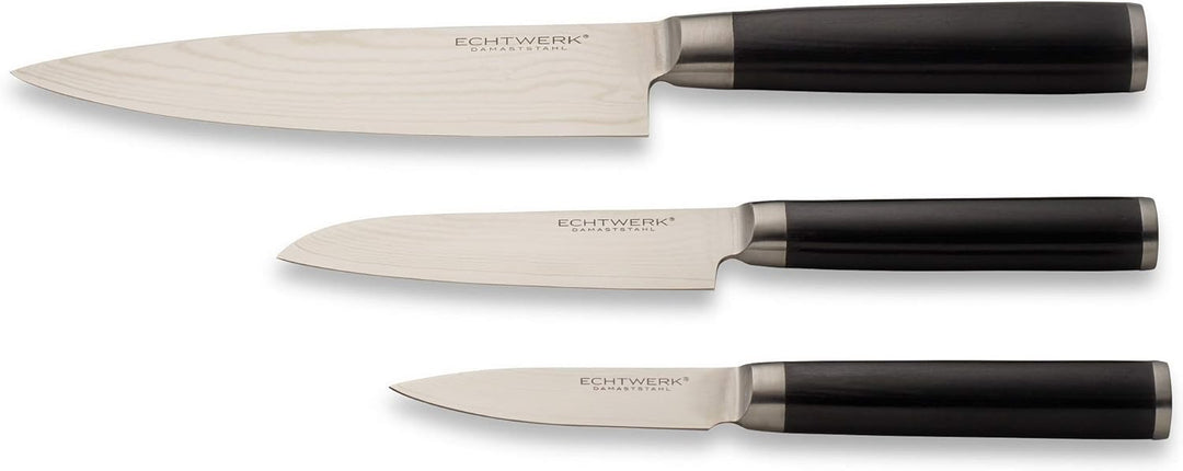 Echtwerk Damaszener Messer Set, 3-TLG, Kochmesser/Küchenmesser, kleines Santokumesser/ japanisches M