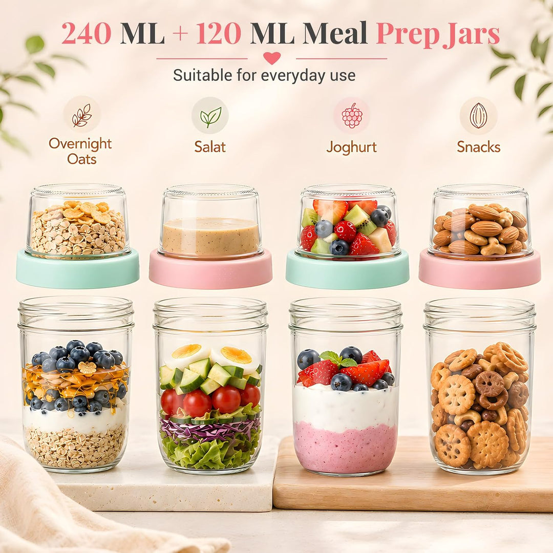 Müslibecher to go mit Löffel 2er Set 480ml+120ml | Overnight Oats Gläser, Joghurtbecher, Doppelschic