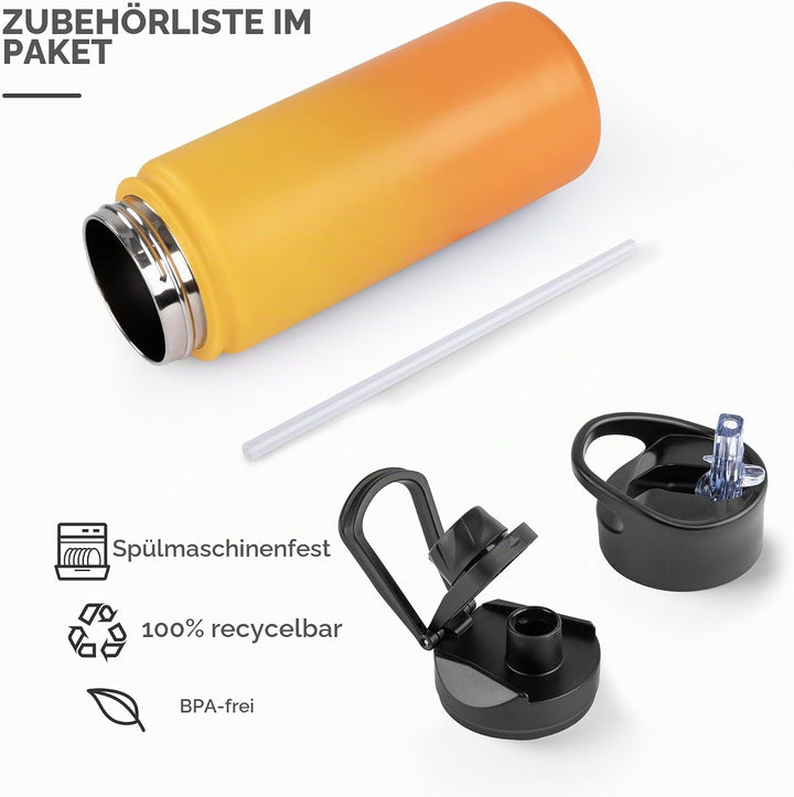 Edelstahl Trinkflasche - 500ml - mit Strohhalm,Auslaufsicher,Kohlensäure Geeignet,BPA frei Thermosfl