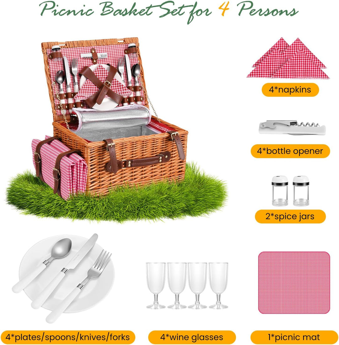 Picknickkorb 4 Personen,Picknickkorb mit Kühlfach und wasserdichte Picknickdecke, Piknik Korb Set mi