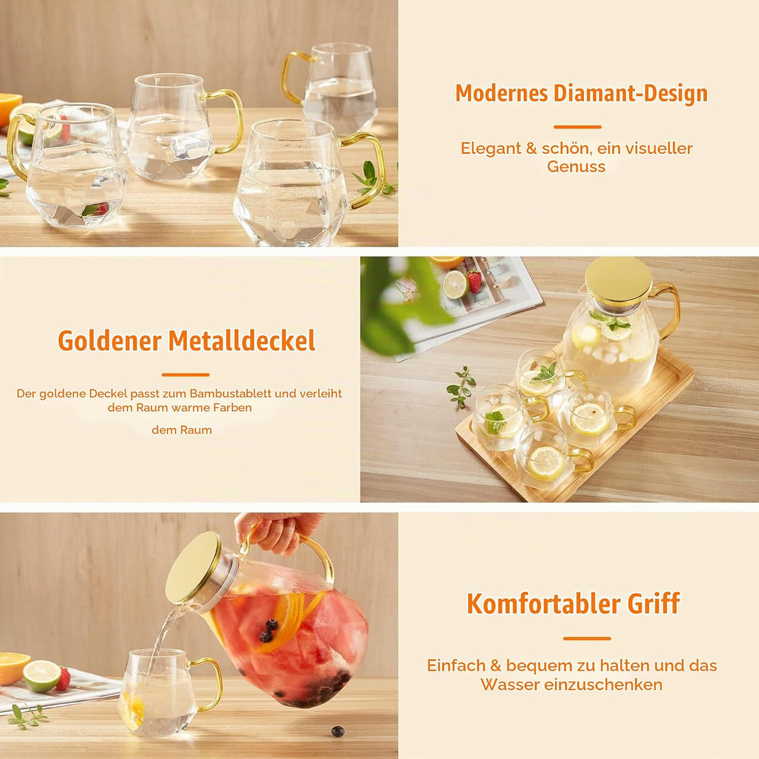 DUJUST Glaskaraffe mit Deckel 2 Liter, mit 4 Tassen, 1 Tablett, Wasserkaraffe im Modernen Schwarz Di