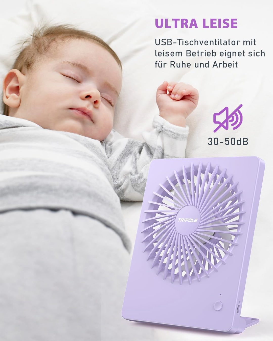 TriPole Tischventilator Leise, 2000mAh Ladefähige USB Ventilatoren Ausführen Bis zu 4-16 Std, 3 Gesc